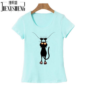 Summer Tops Casual Cotton Cat Print and Short Sleeve O-neck