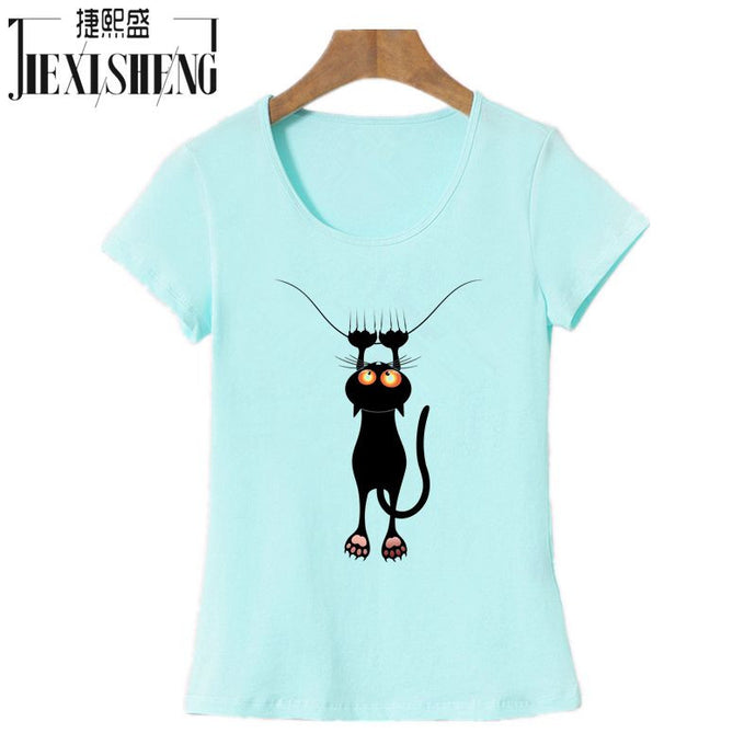 Summer Tops Casual Cotton Cat Print and Short Sleeve O-neck