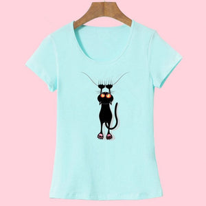 Summer Tops Casual Cotton Cat Print and Short Sleeve O-neck