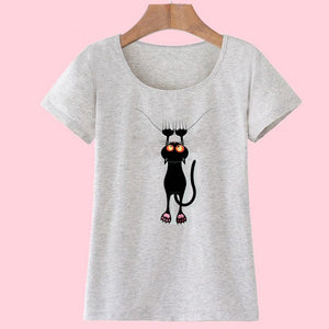 Summer Tops Casual Cotton Cat Print and Short Sleeve O-neck