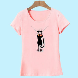 Summer Tops Casual Cotton Cat Print and Short Sleeve O-neck