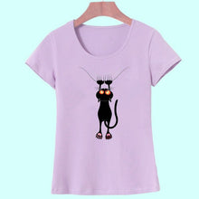 Summer Tops Casual Cotton Cat Print and Short Sleeve O-neck