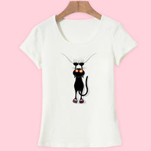 Summer Tops Casual Cotton Cat Print and Short Sleeve O-neck