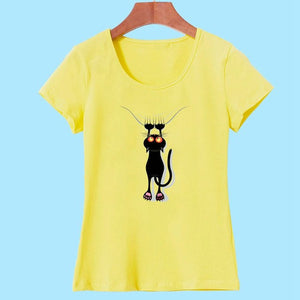 Summer Tops Casual Cotton Cat Print and Short Sleeve O-neck