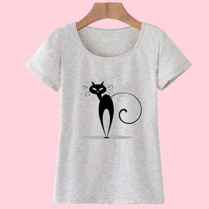 Summer Tops Casual Cotton Cat Print and Short Sleeve O-neck