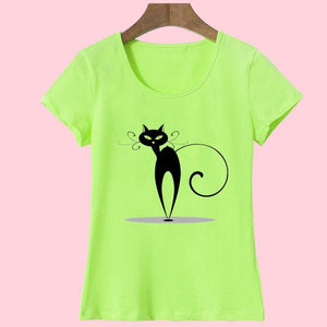 Summer Tops Casual Cotton Cat Print and Short Sleeve O-neck