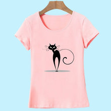 Summer Tops Casual Cotton Cat Print and Short Sleeve O-neck