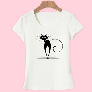 Summer Tops Casual Cotton Cat Print and Short Sleeve O-neck