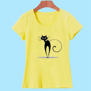 Summer Tops Casual Cotton Cat Print and Short Sleeve O-neck