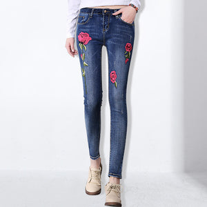 Elastic Flower Jeans Female Pencil Denim Pants Rose Pattern